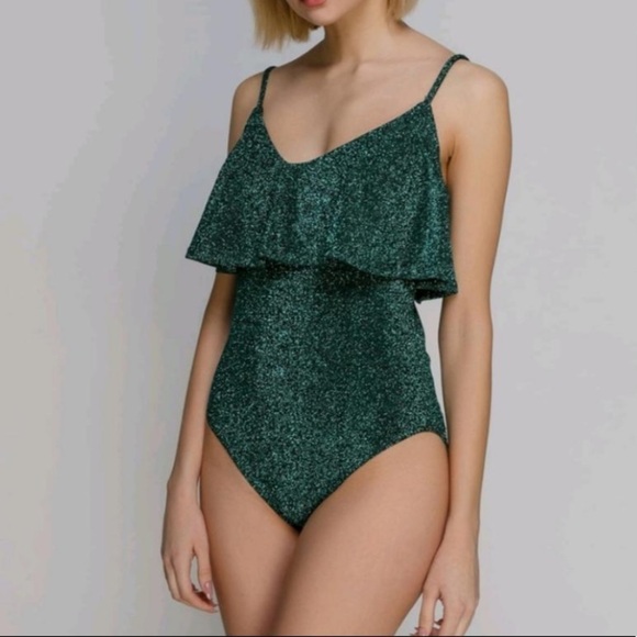 Zara Green Knit Sparkle Ruffle Bodysuit Size Small - Picture 1 of 7
